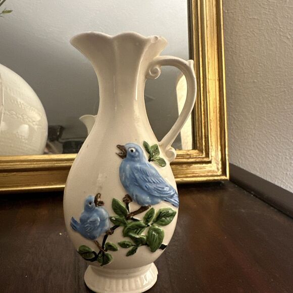 SOLD Bud Vase Pitcher Blue Birds 6" Tall Signed Vintage 1982 Hand Painted Office - Picture 10 of 10